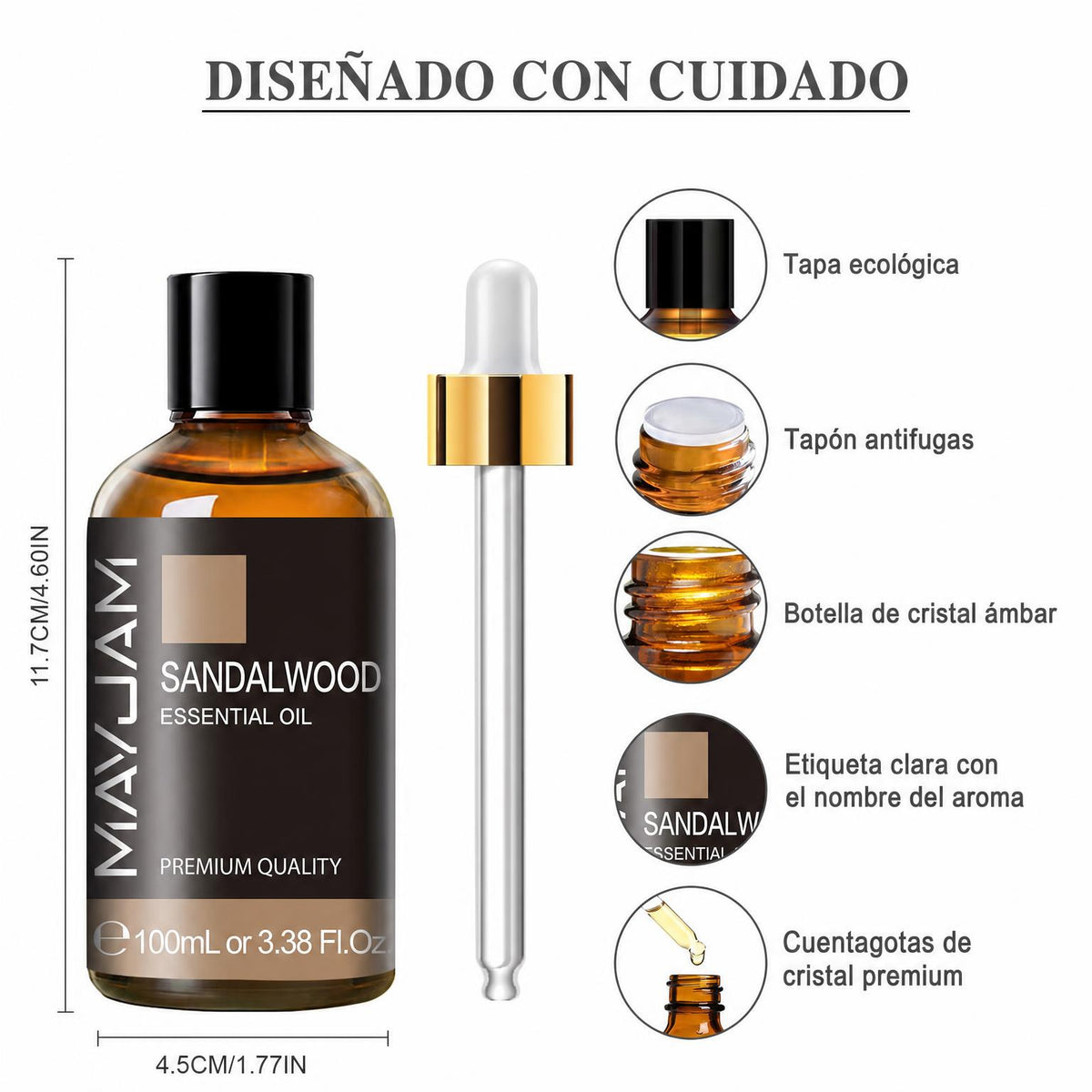 Detalles del frasco: tapa, tapón antifugas, cristal ámbar y cuentagotas