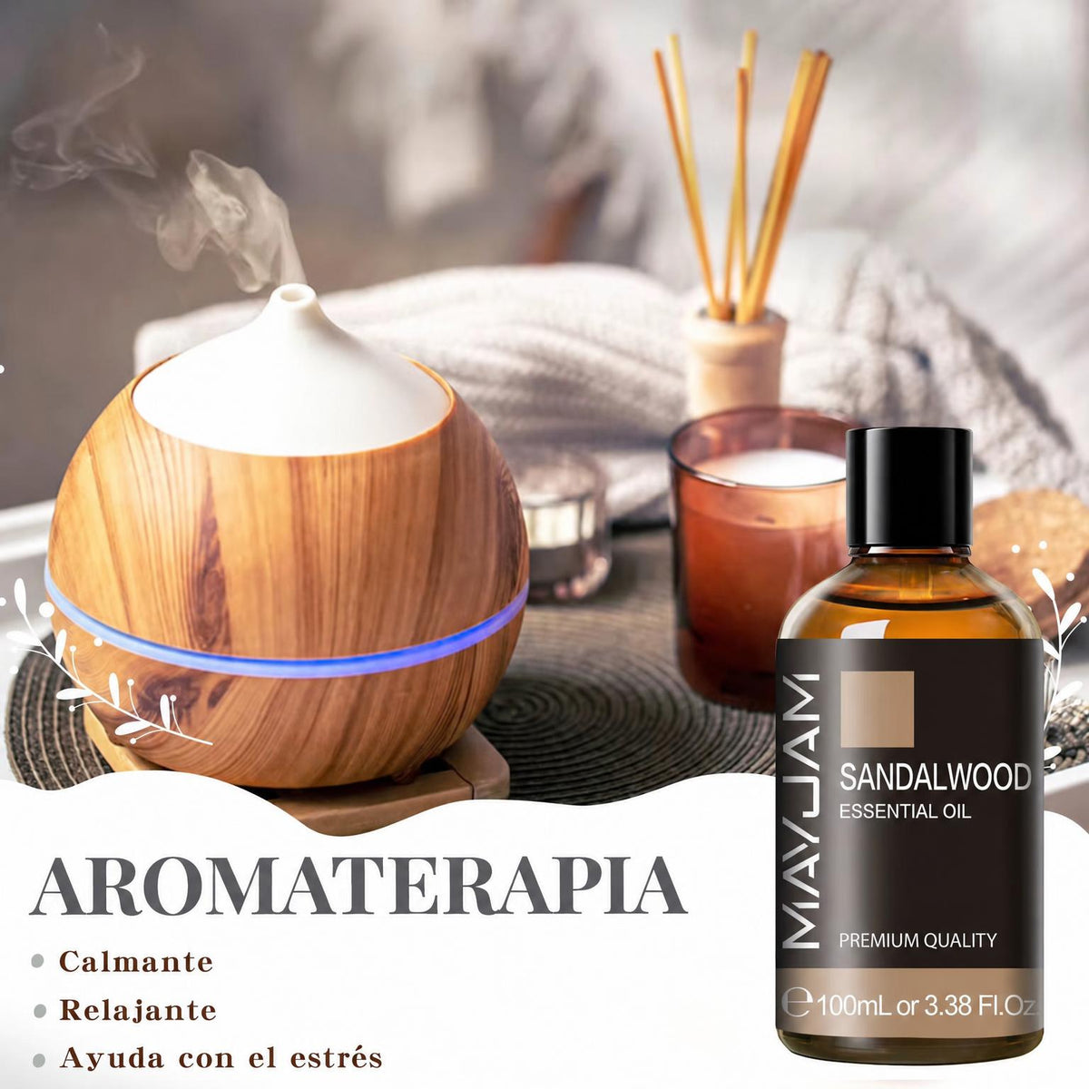 Aromaterapia: aceite esencial junto a un difusor de madera