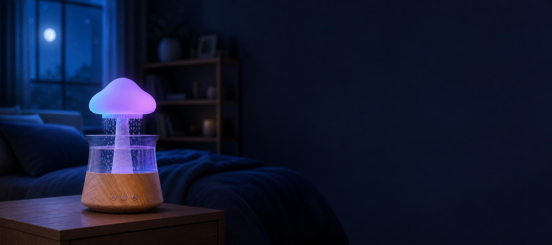 Lámpara nube LumiNest en una mesita de noche